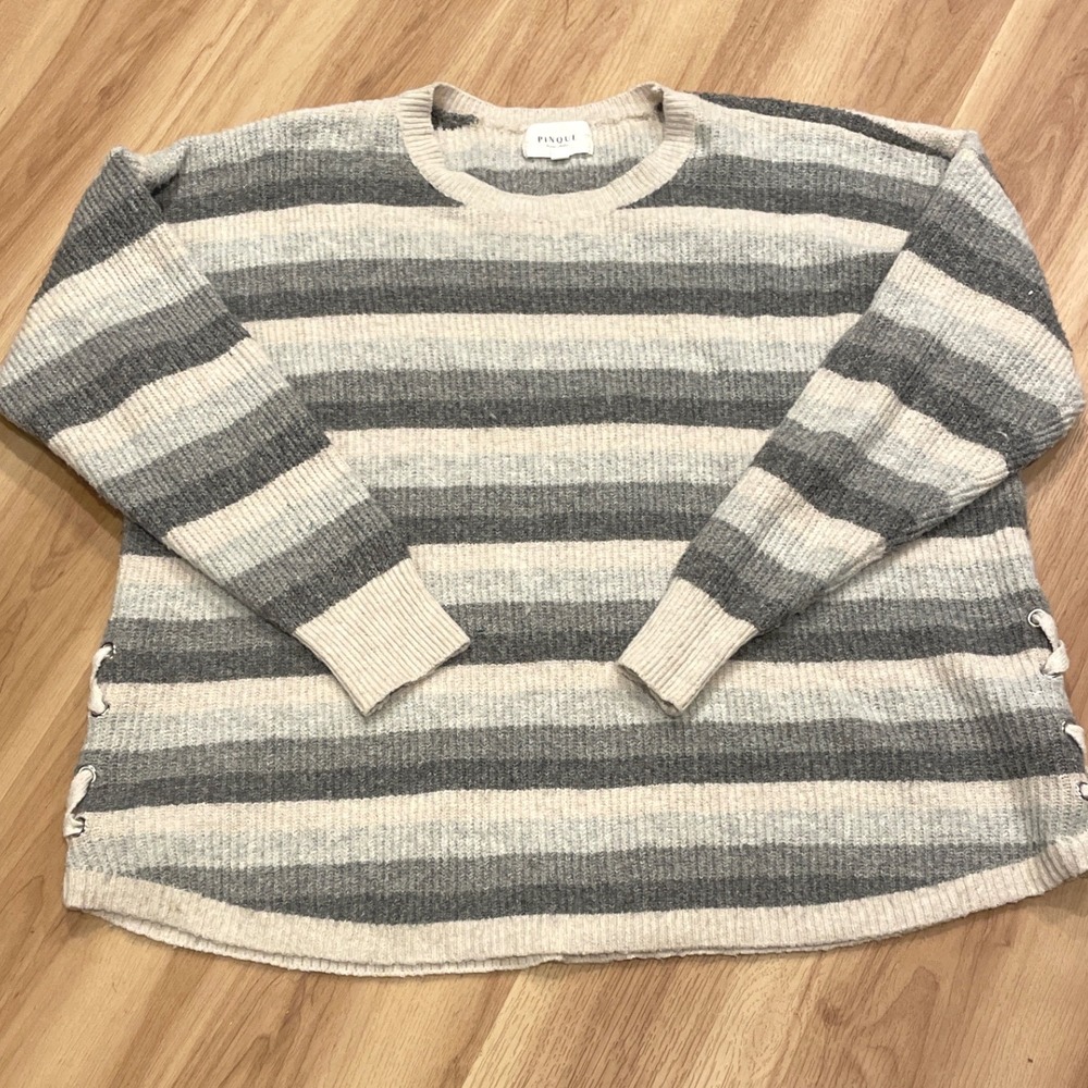 Pinque Women Sweater Side Lace Up Striped 2X Grey Cream Blue